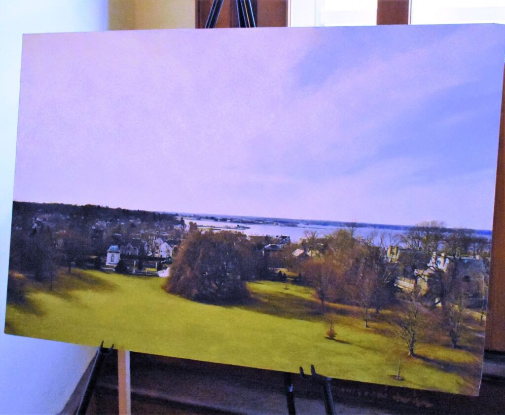 Painting of the view from the servants' terrace at the Elms Gilded Age mansion in Newport, RI. The ocean can be seen in the distance beyond the trees and homes