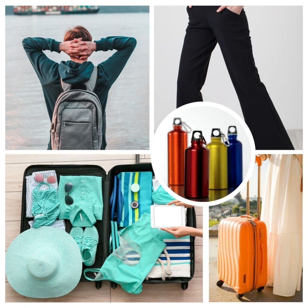 Collage of travel gear images - young man with daypack on his back, woman in black slacks, 4 stainless steel water bottles, an open suitcase with various aqua colored travel items in it, a woman in a long white dress holding the handle of an orange rolling suitcase with the Eiffel Tower in the background