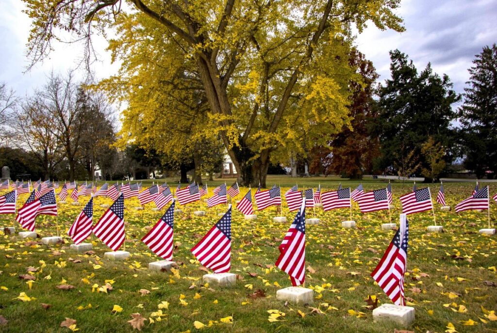 Fall foliage at Gettysburg National Military Park - Soldiers’ Cemetery with American flags at grave markers, fallen yellow leaves, and a large tree with golden foliage under an overcast sky. Pennsylvania